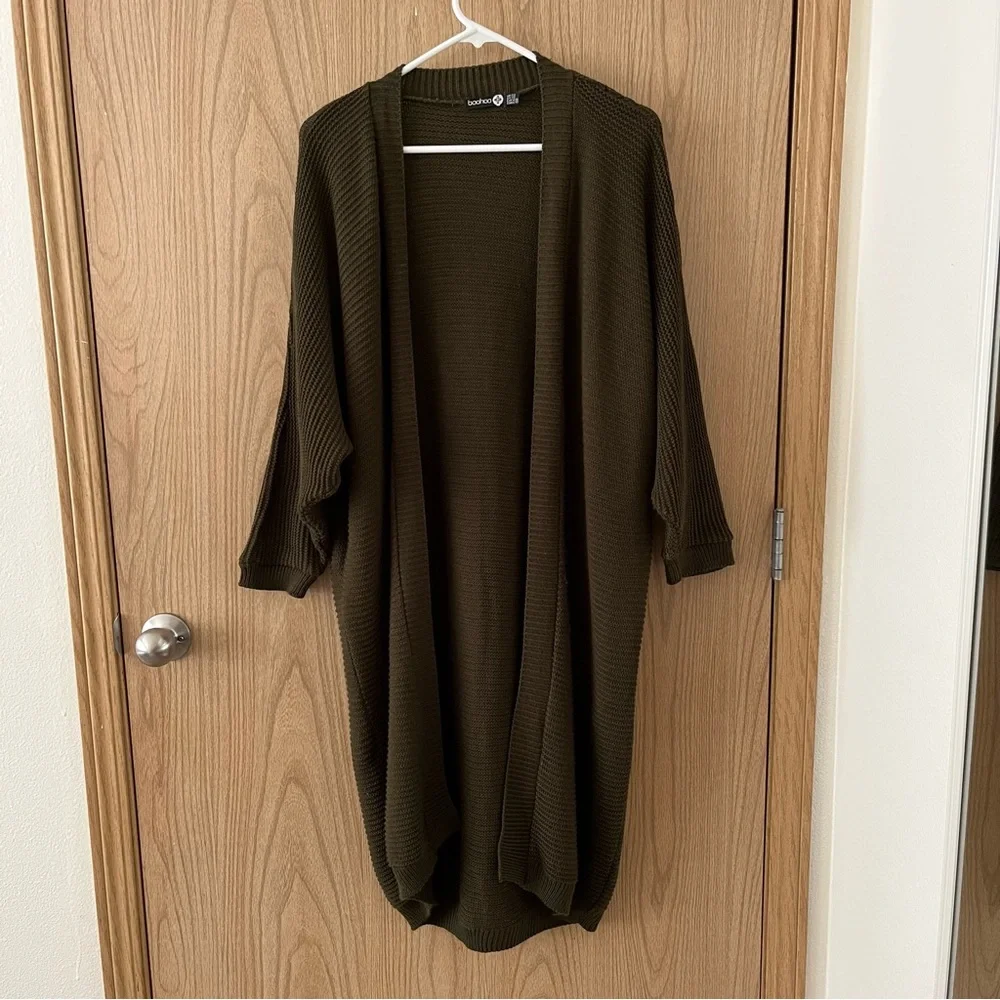 Boohoo Plus Cocoon Oversized Rib Knit Cardigan — Khaki - Picture 2 of 8